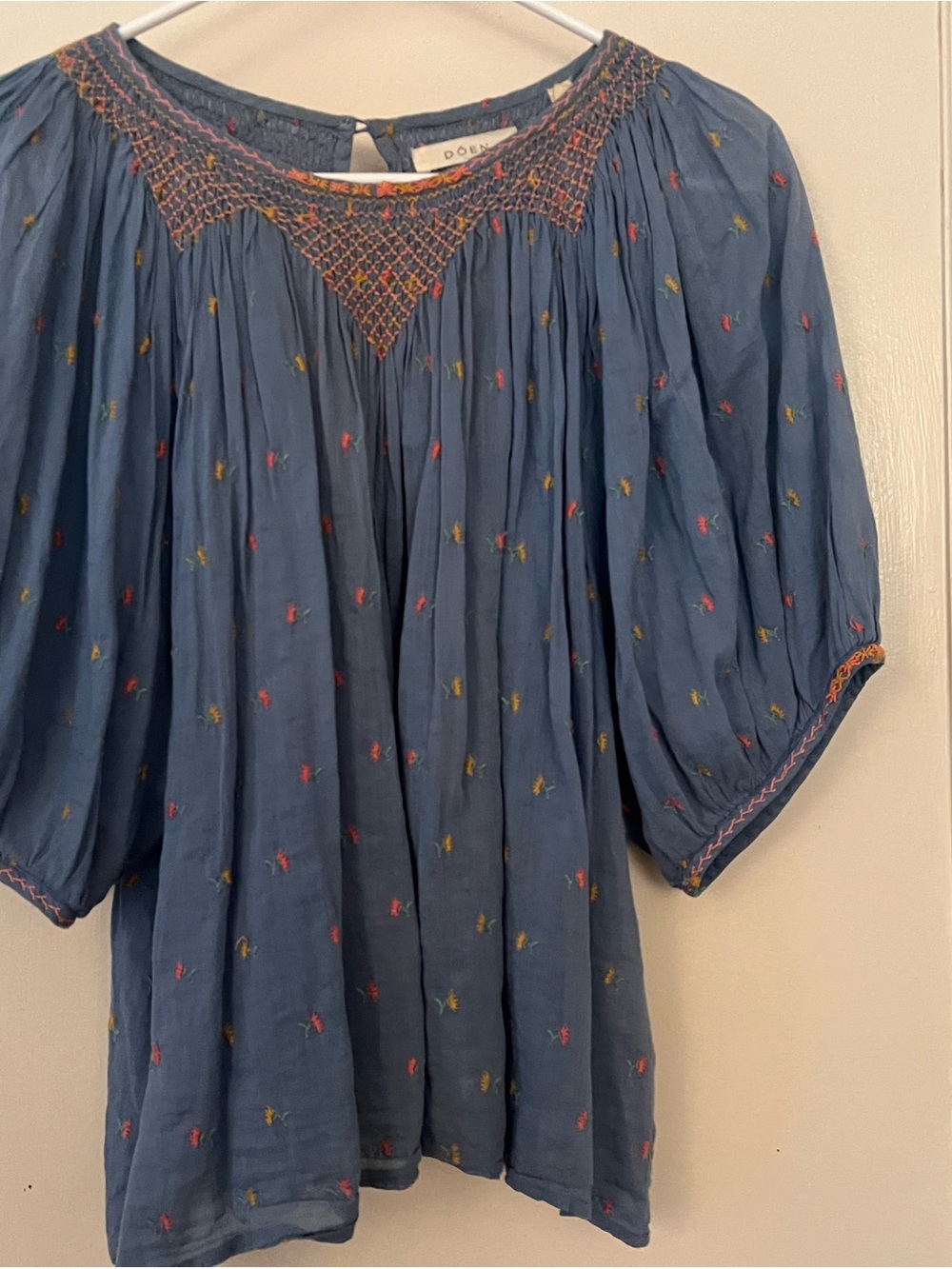 Doen Indigo Peasant Blouse with Multicolor Embroidery